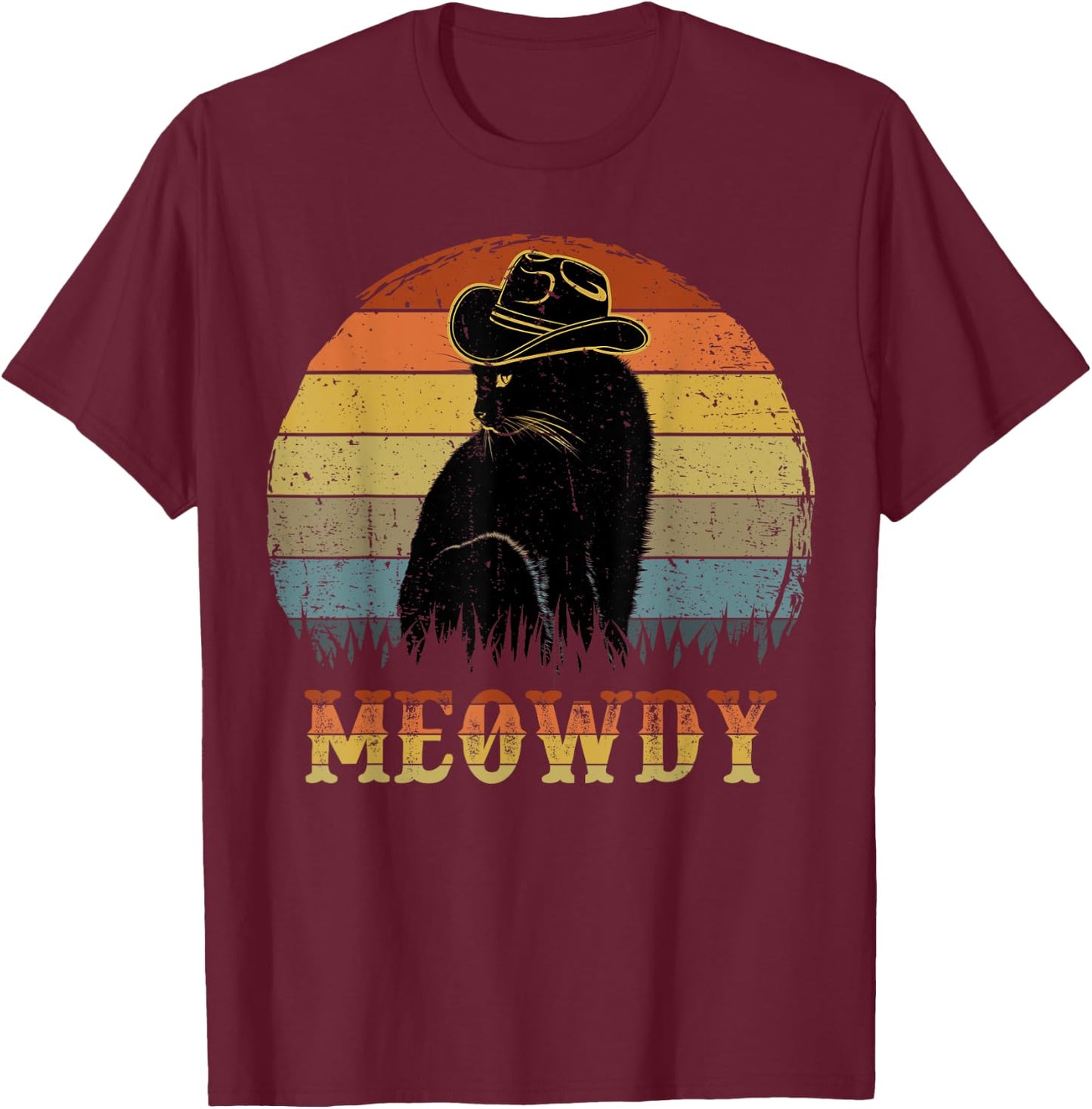 Meowdy Western Cowboy Cat-Shirt Men Women Funny Black Cat T-Shirt - T-Shirt | Maroon