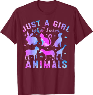 Girls Kids Women Colorful Just A Girl Who Loves Animals T-Shirt - T-Shirt | Maroon