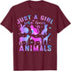 Girls Kids Women Colorful Just A Girl Who Loves Animals T-Shirt - T-Shirt | Maroon