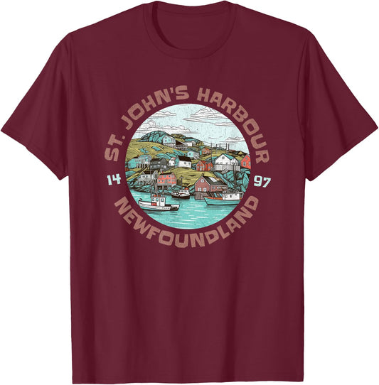 St. John's Harbour Fishing Village Est 1497 Newfoundland T-Shirt - T-Shirt | Maroon