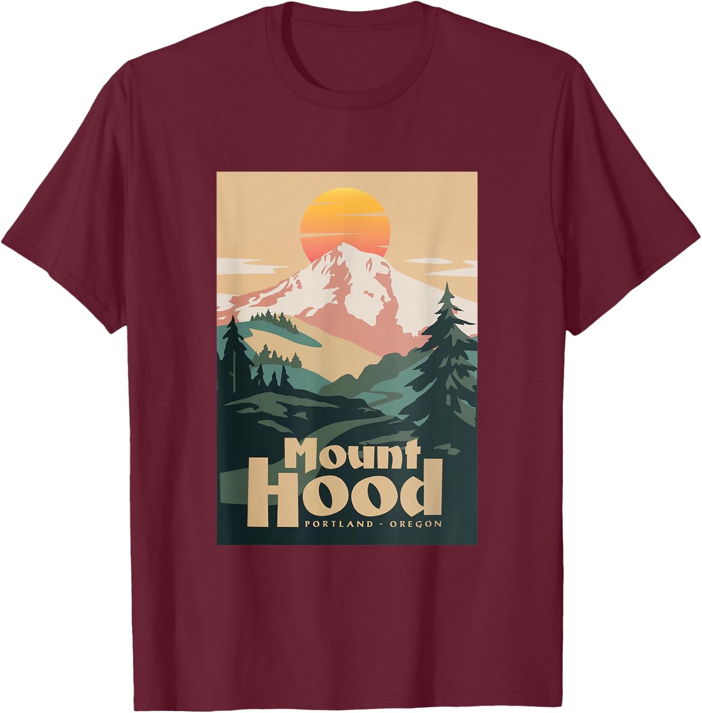 Portland Oregon Retro Sunset On Mountain Vintage T-Shirt - T-Shirt | Maroon
