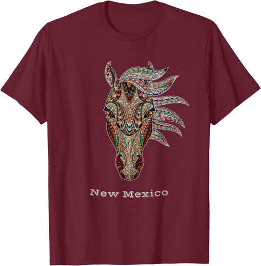 New Mexico Horse Tribal Style Art Native American Geometric T-Shirt - T-Shirt | Maroon