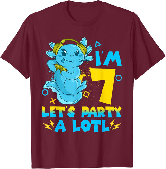 7th Birthday cute Axolotl 7 Year Old Boys Girls Video Gamer T-Shirt - T-Shirt | Maroon