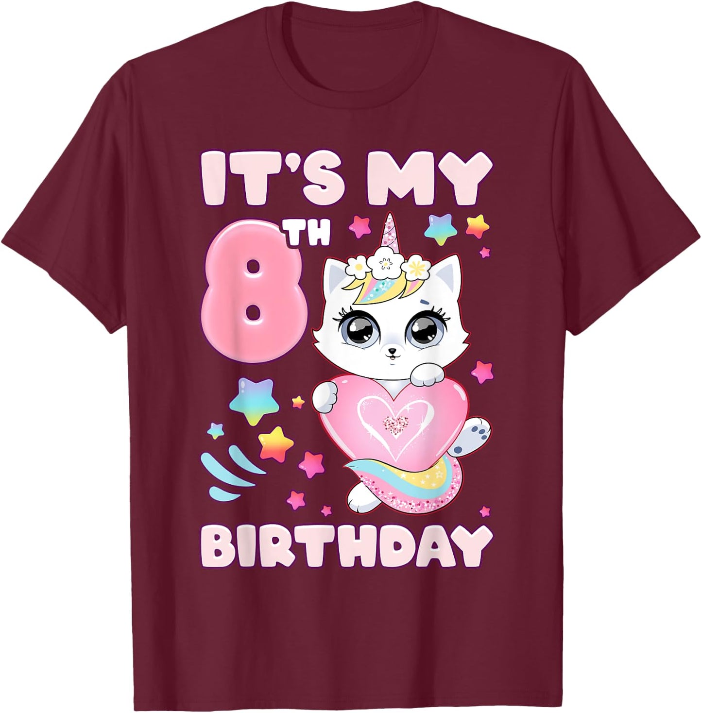 Birthday girl 8 years old cat unicorn 8th birthday T-Shirt - T-Shirt | Maroon