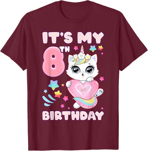 Birthday girl 8 years old cat unicorn 8th birthday T-Shirt - T-Shirt | Maroon
