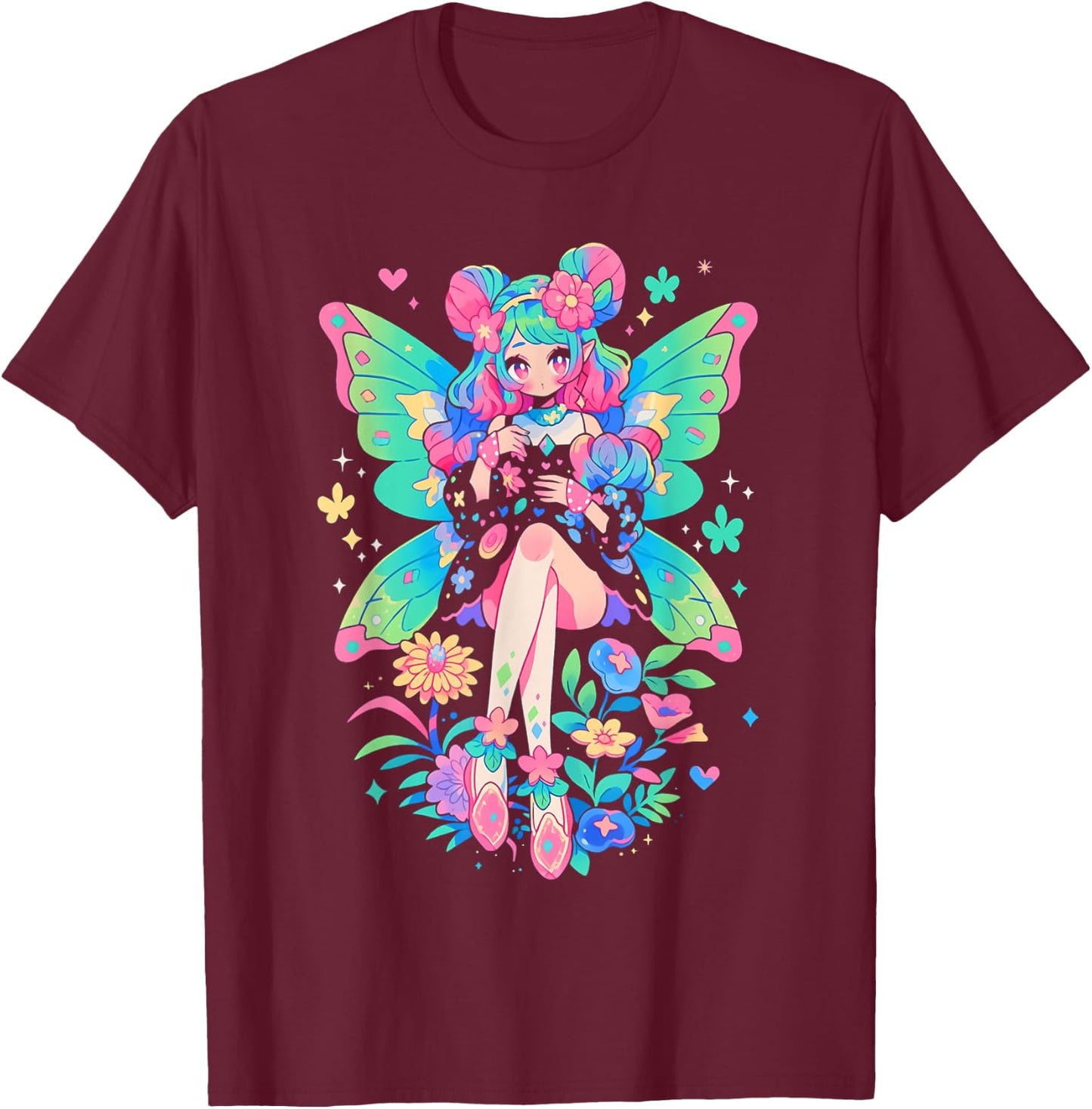 Anime Manga Girl | Kawaii Fairycore Fairy Kei Decora Kei T-Shirt - T-Shirt | Maroon