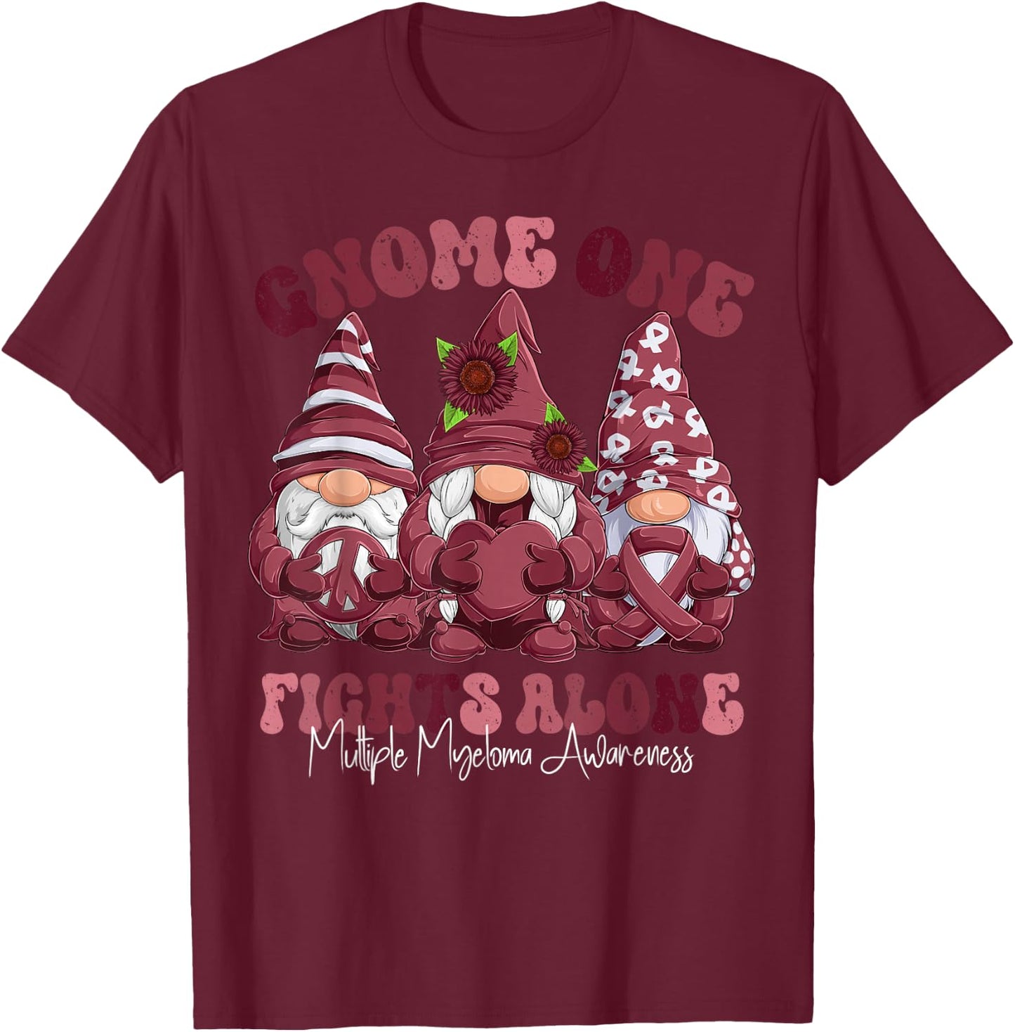 Multiple Myeloma Awareness Month Burgundy Ribbon Gnomies T-Shirt - T-Shirt | Maroon
