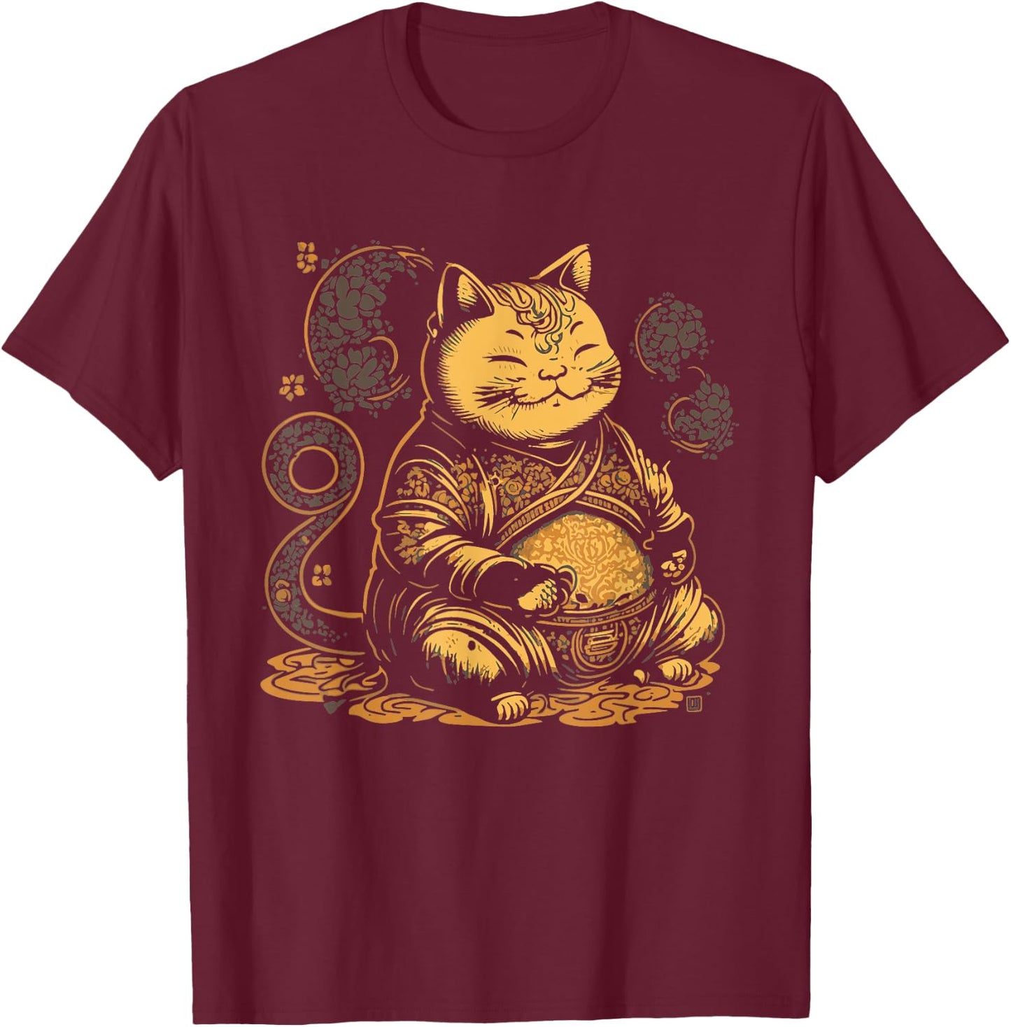 Fat Buddha Cat Mindfulness Yoga Artistic Men Women Girls Kids T-Shirt - T-Shirt | Maroon