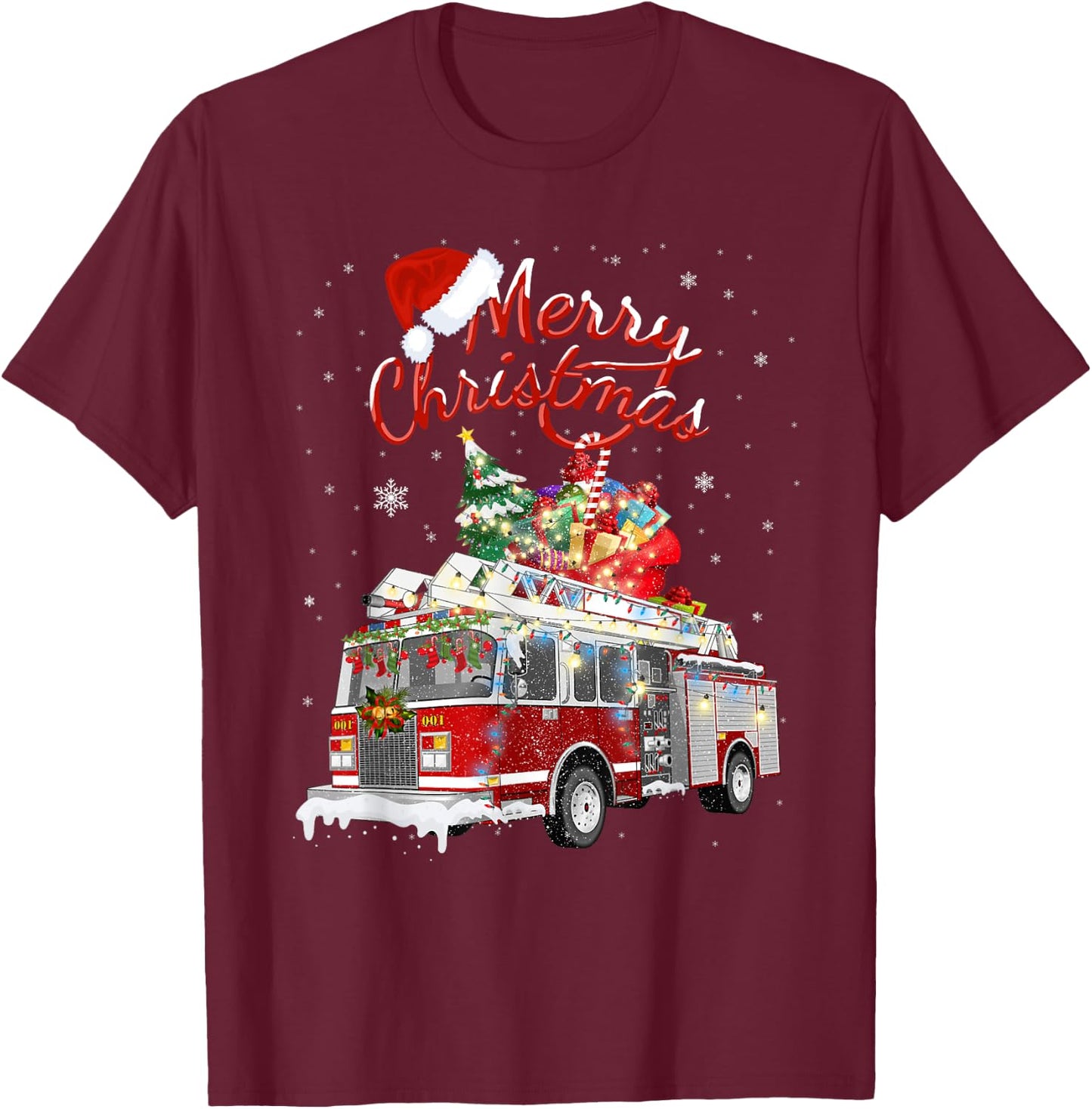 Firetruck Santa Sleigh Fireman Christmas Firefighter Xmas T-Shirt - T-Shirt | Maroon