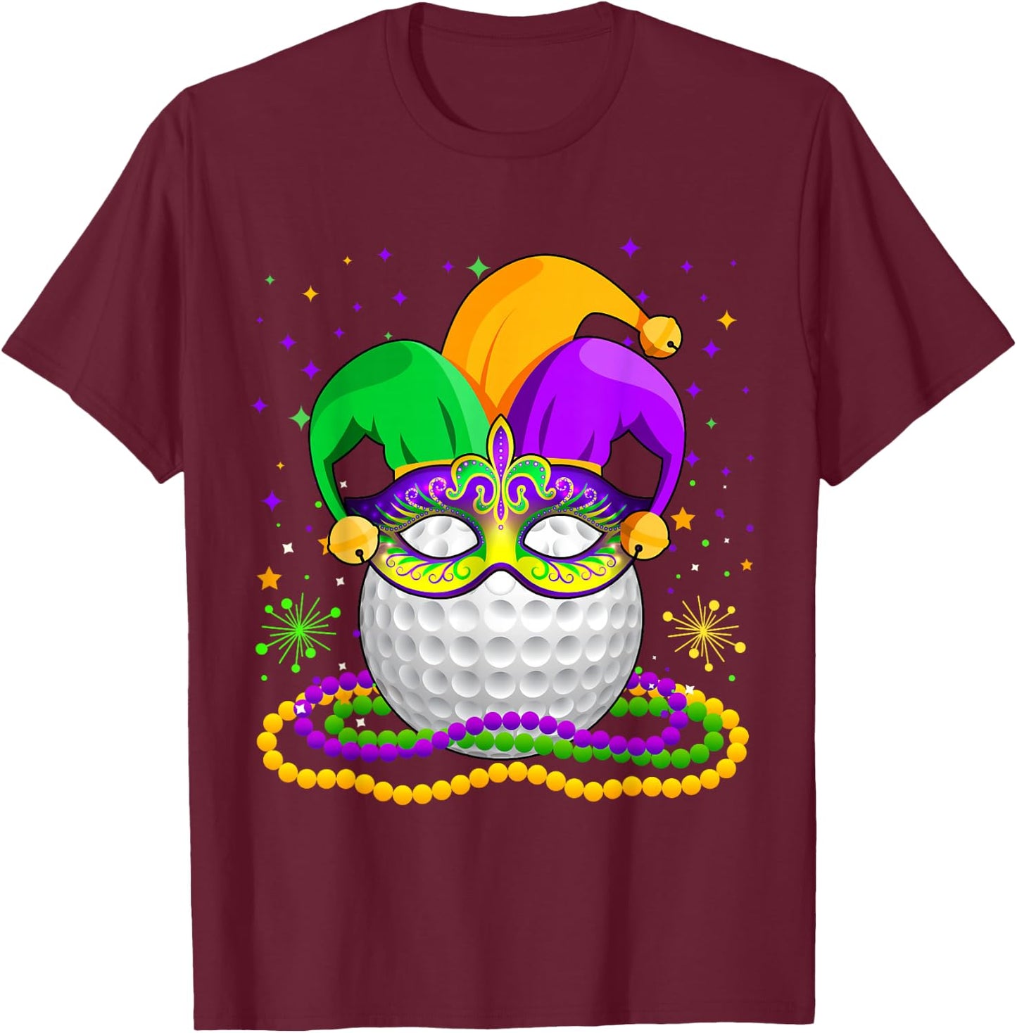 Golf Wearing Jester Hat Masked Beads Mardi Gras Player T-Shirt - T-Shirt | Maroon