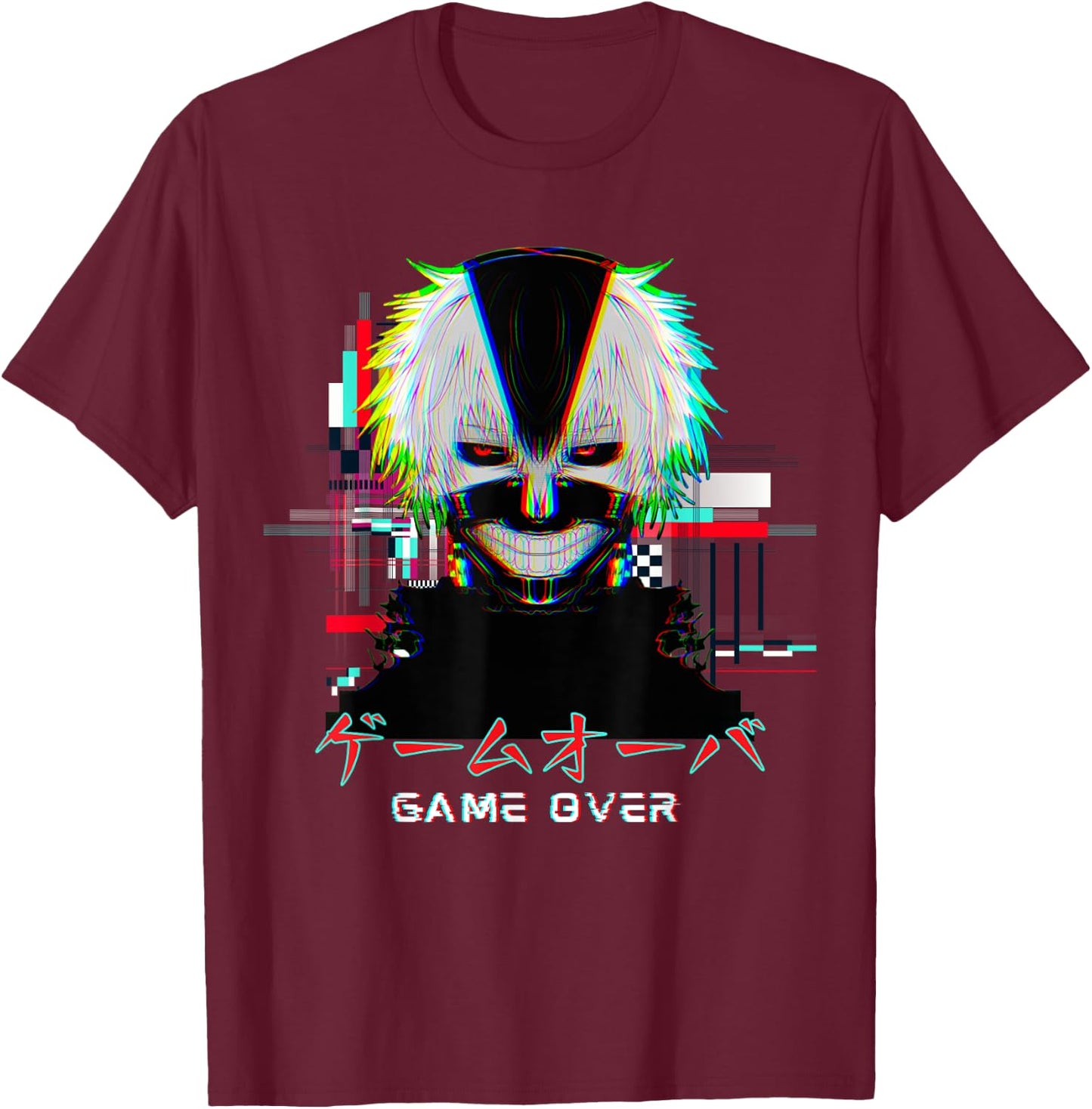 Japanese Vaporwave Anime Boy Game Over Glitch Aesthetic T-Shirt - T-Shirt | Maroon
