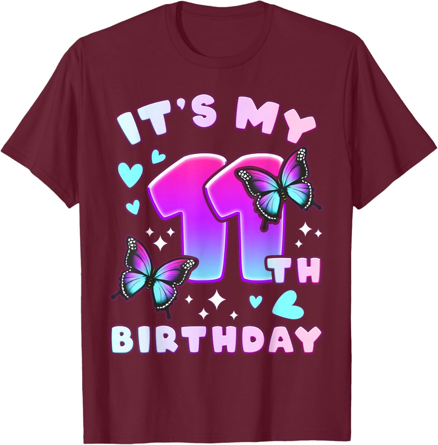 11th Birthday, Girl 11 Years, Butterflies and Number 11 T-Shirt - T-Shirt | Maroon