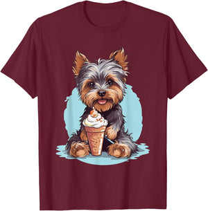 Yorkie Dog Anime Eating Ice Cream Summer Cute T-Shirt - T-Shirt | Maroon