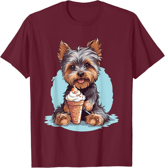 Yorkie Dog Anime Eating Ice Cream Summer Cute T-Shirt - T-Shirt | Maroon