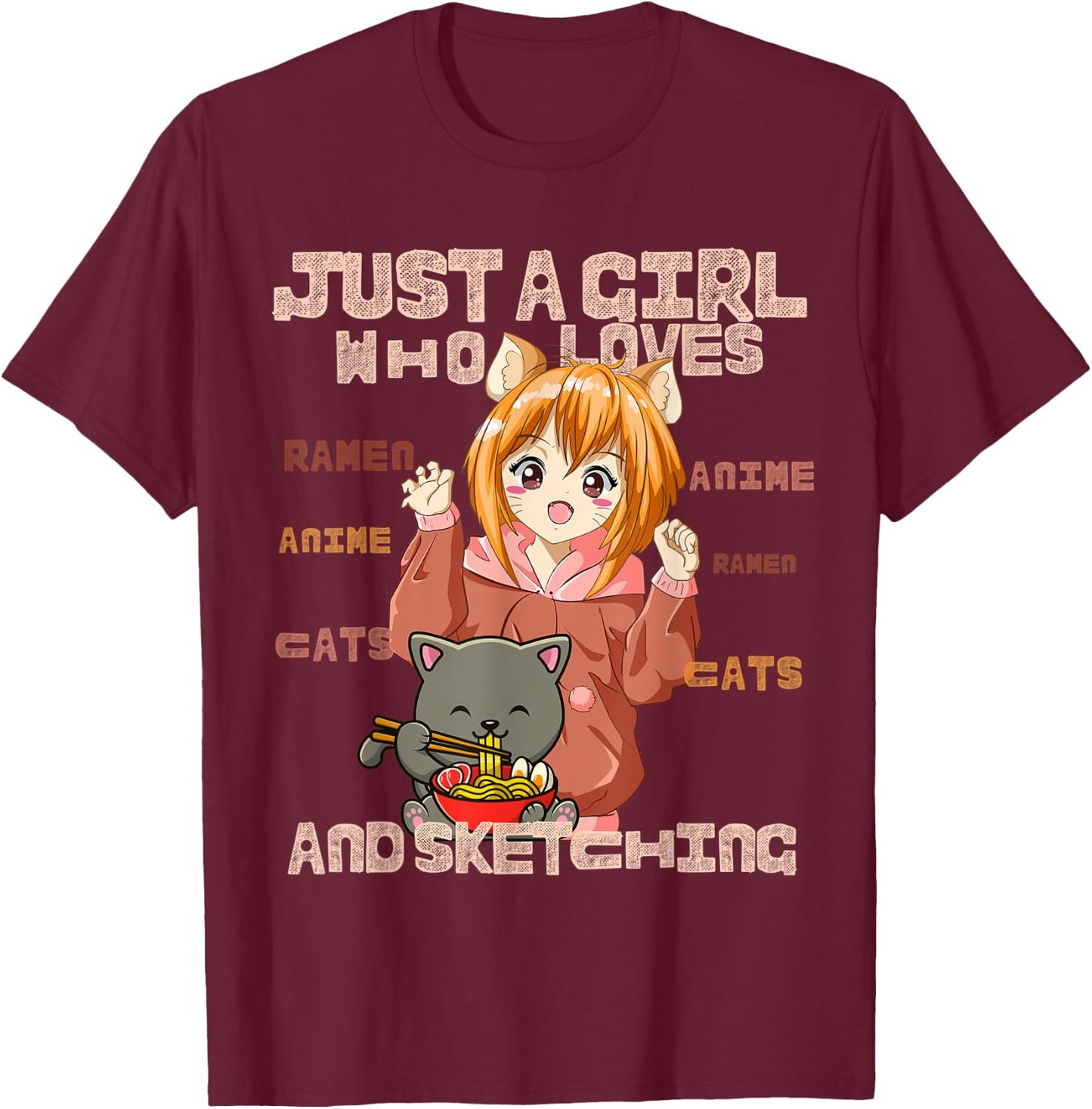 Just a Girl Who Loves Cats, Ramen, Amine And Sketching Manga T-Shirt - T-Shirt | Maroon