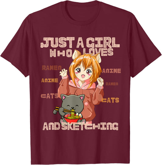Just a Girl Who Loves Cats, Ramen, Amine And Sketching Manga T-Shirt - T-Shirt | Maroon