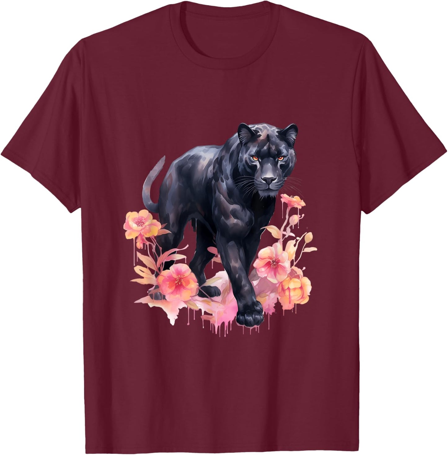 Black Panther Cat Pastel Flowers Safari Watercolor Men Women Kids T-Shirt - T-Shirt | Maroon