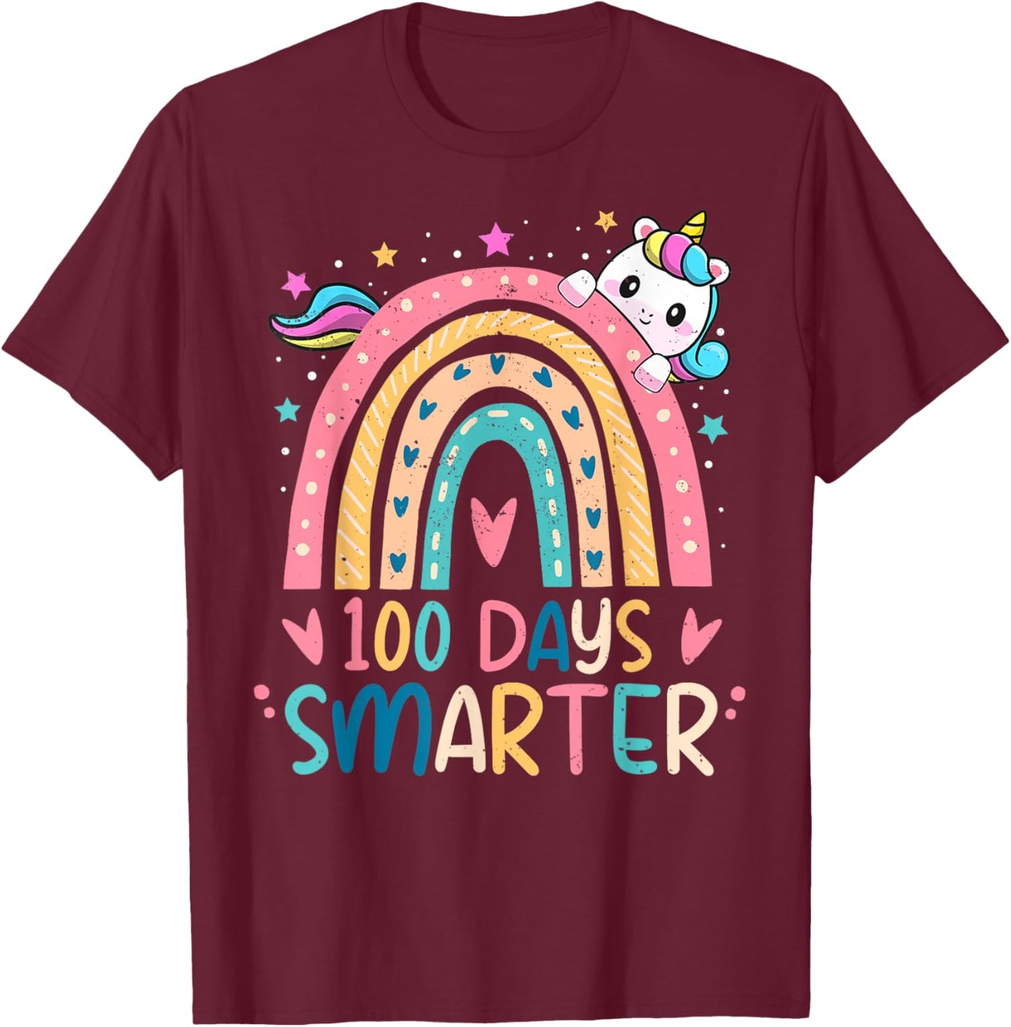 100 Days Smarter Kids Girls Unicorn 100th Day of School Gift T-Shirt - T-Shirt | Maroon