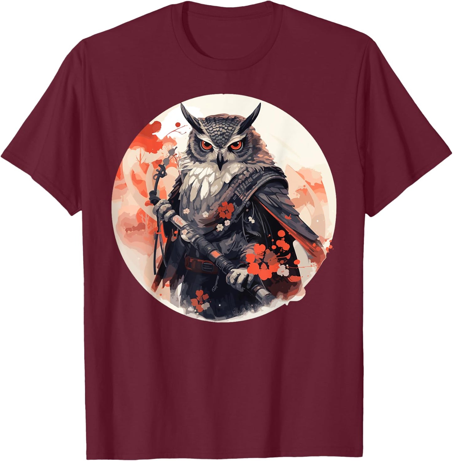 Samurai Owl Warrior Japanese Ninja Bird Owl Kawaii T-Shirt - T-Shirt | Maroon