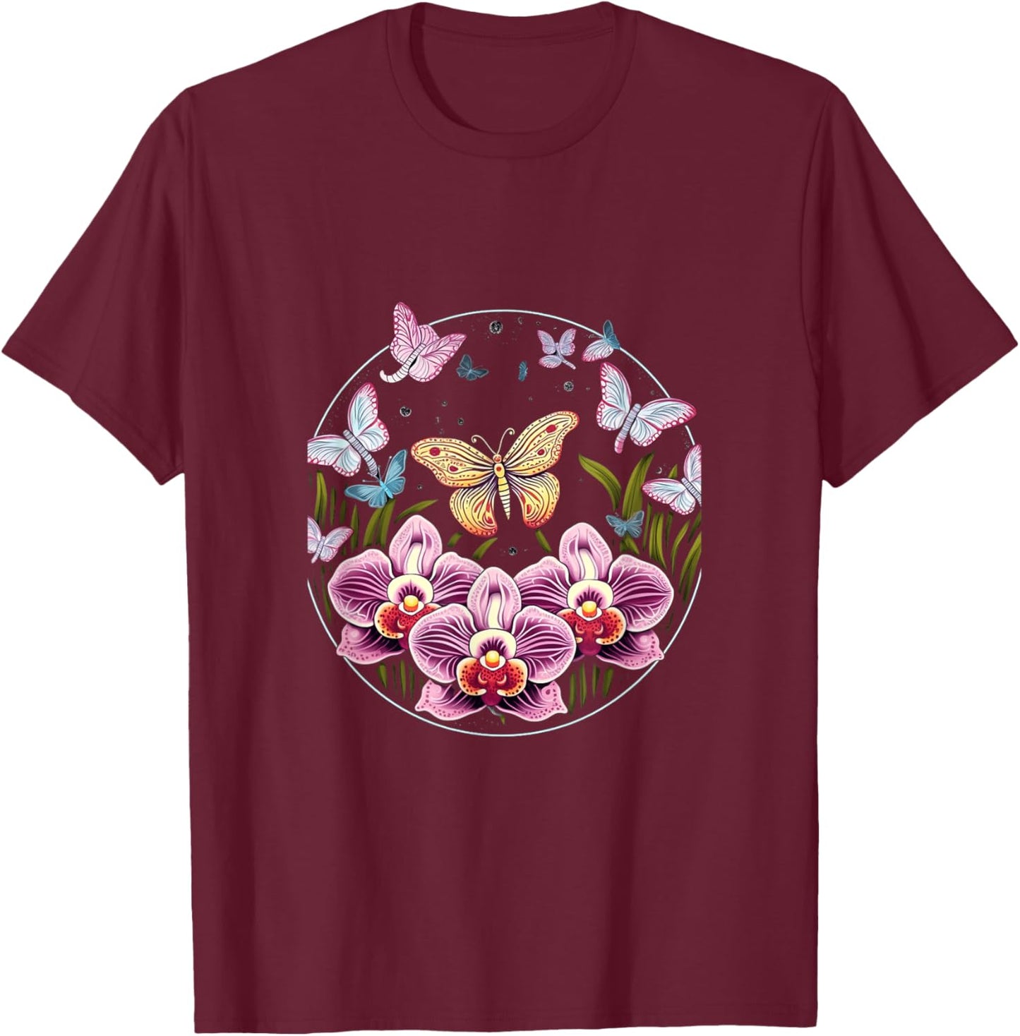 Orchids and Butterflies Butterfly Flower Orchid Plant Lovers T-Shirt - T-Shirt | Maroon