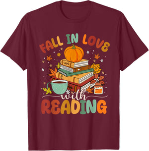 Fall In Love With Reading Fall Season T-Shirt - T-Shirt | Maroon
