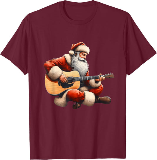 Guitarist Santa Cute Christmas Santa Playing Acoustic Guitar T-Shirt - T-Shirt | Maroon