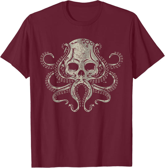 Creepy Octopus Skull Sea Monster Kraken Scuba Diver Goth T-Shirt - T-Shirt | Maroon