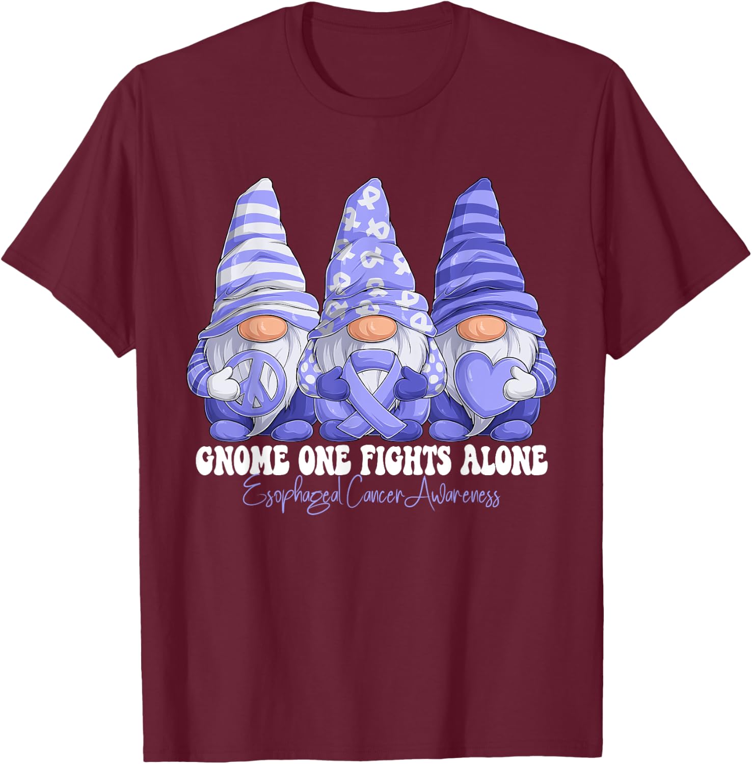 Esophageal Cancer Awareness Month Periwinkle Ribbon Gnomies T-Shirt - T-Shirt | Maroon