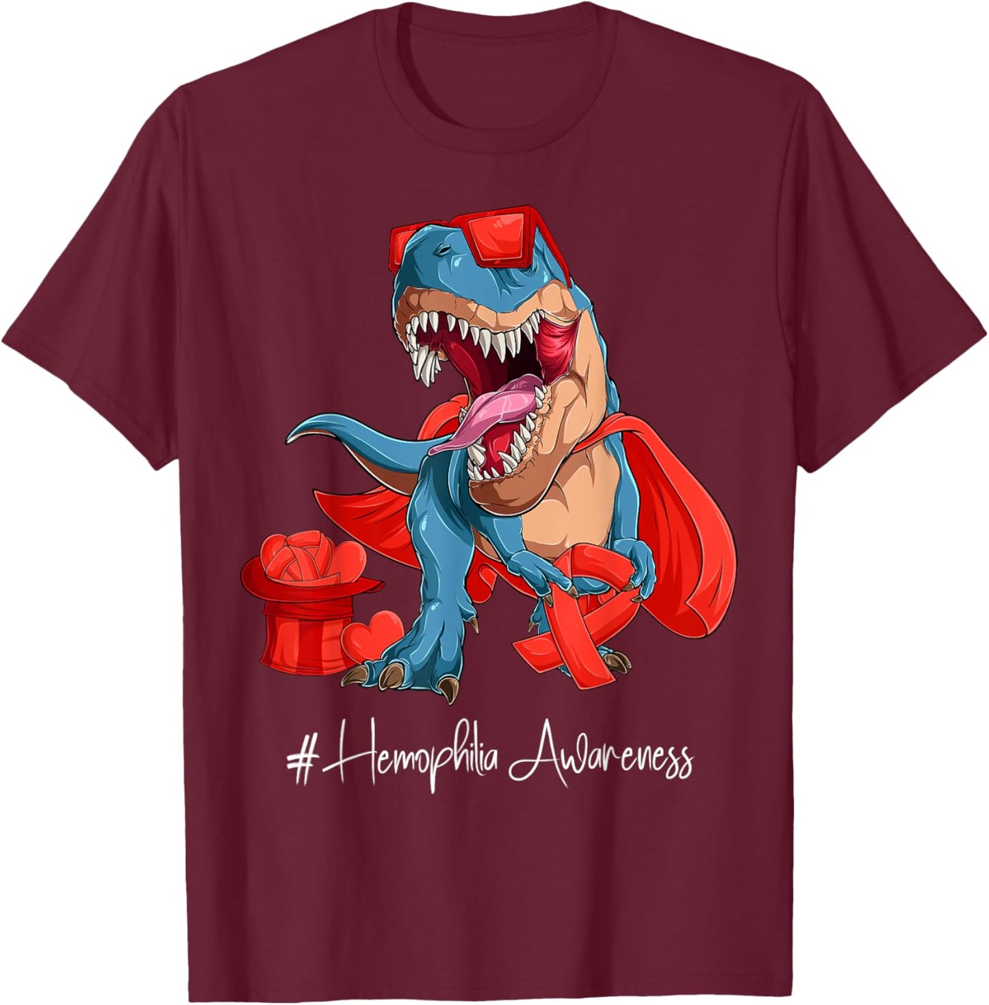 Hemophilia Awareness Month Red Ribbon Trex T-Shirt - T-Shirt | Maroon