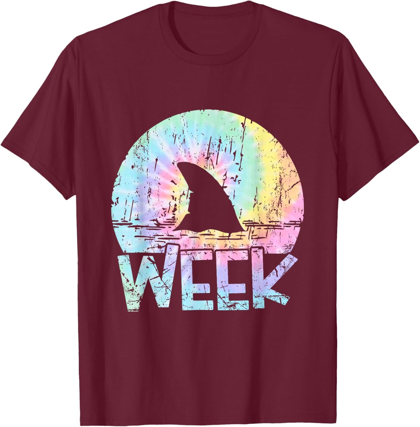 Retro Shark Fin Week 2025 Shark Lover Ocean Wildlife Tie Dye T-Shirt - T-Shirt | Maroon