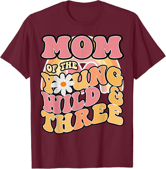 Daisy Birthday Mom Young Wild & 3 Boho 3rd Birthday Matching T-Shirt - T-Shirt | Maroon