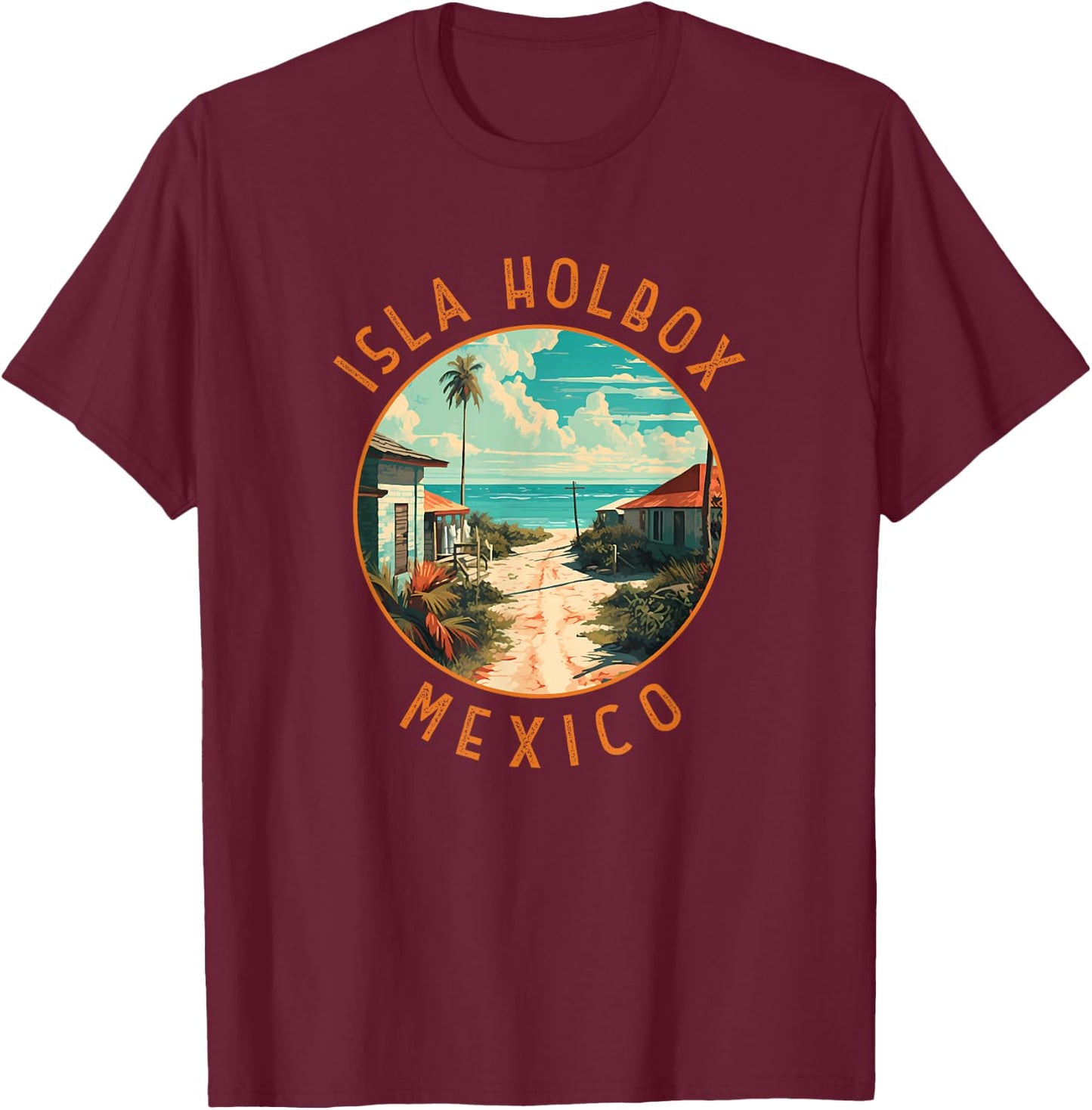 Isla Holbox Mexico Distressed Circle T-Shirt - T-Shirt | Maroon