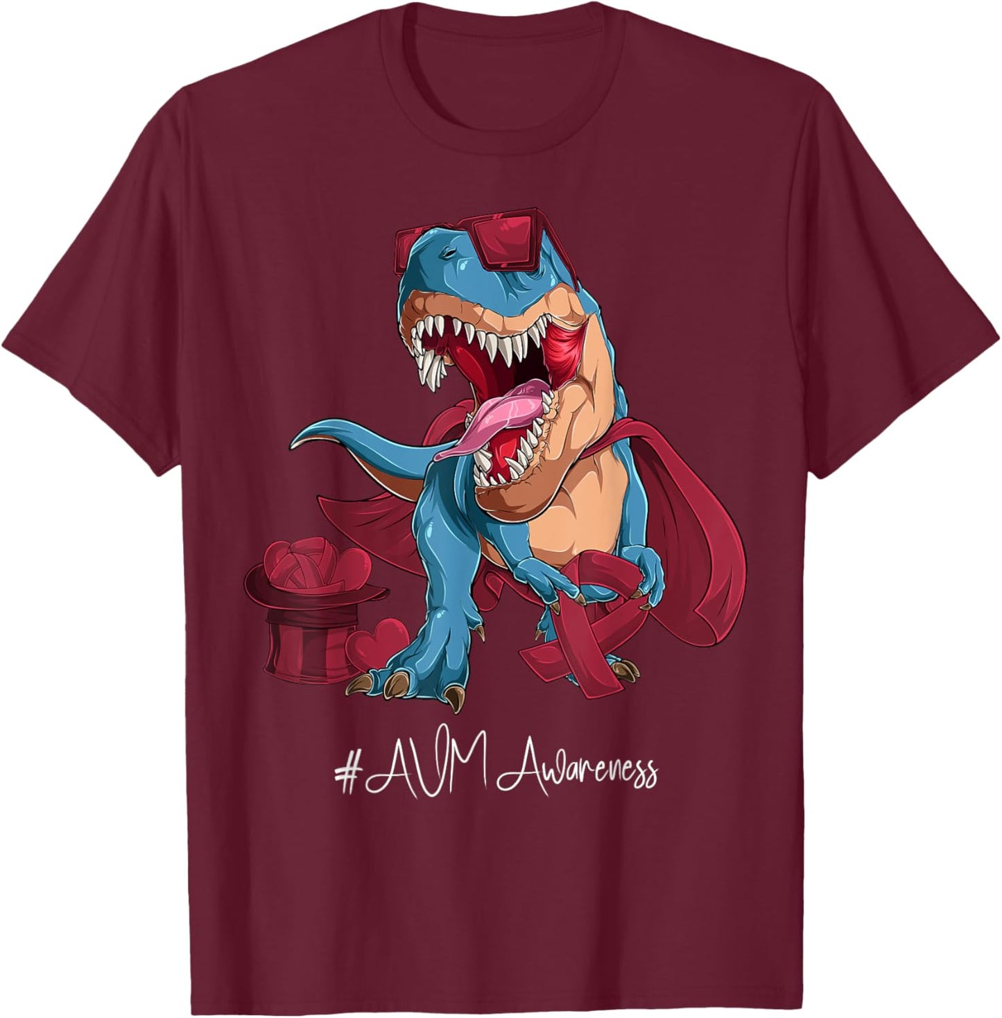 AVM Awareness Month Burgundy Ribbon Trex T-Shirt - T-Shirt | Maroon