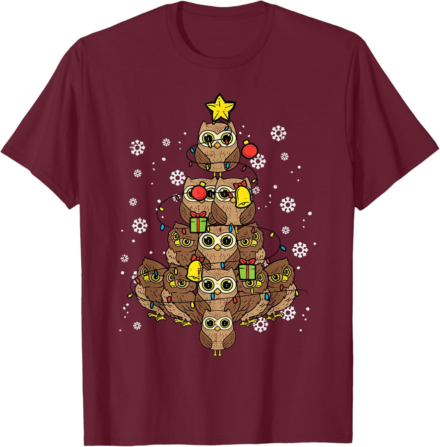 Owls Christmas Tree Cute Xmas Bird Animal Men Women Kids T-Shirt - T-Shirt | Maroon