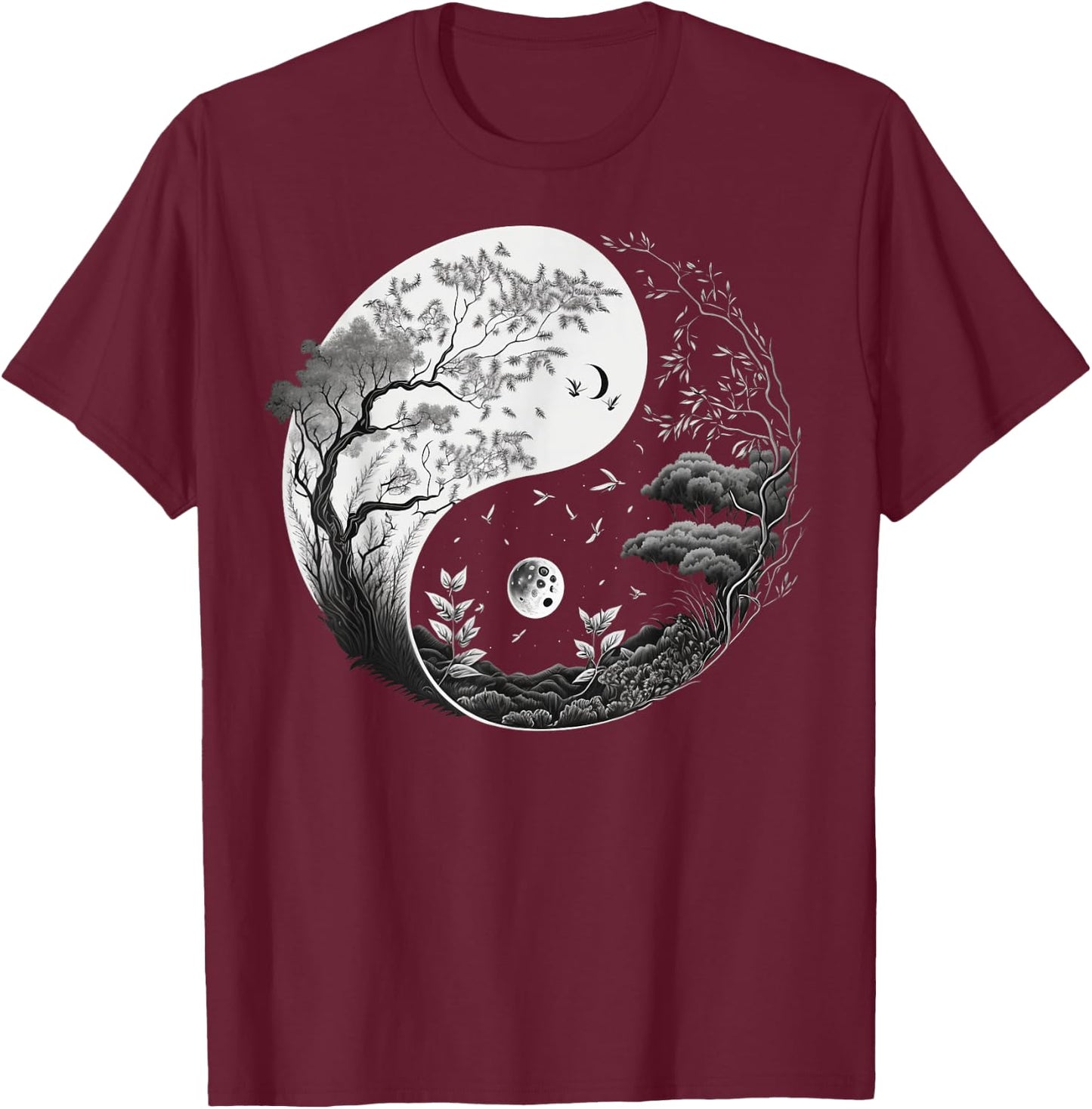 Black and White Taoism Yin Yang on Nature Taijitu Yin Yang T-Shirt - T-Shirt | Maroon