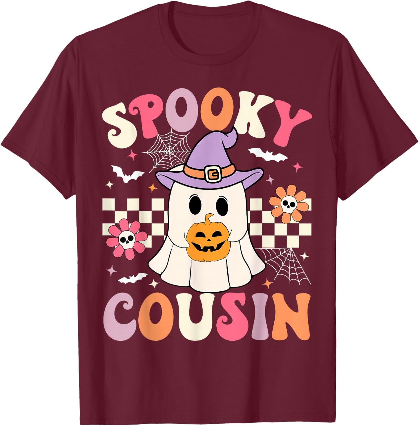 Groovy Spooky Cousin Retro Ghost Holding Pumpkin Halloween T-Shirt - T-Shirt | Maroon
