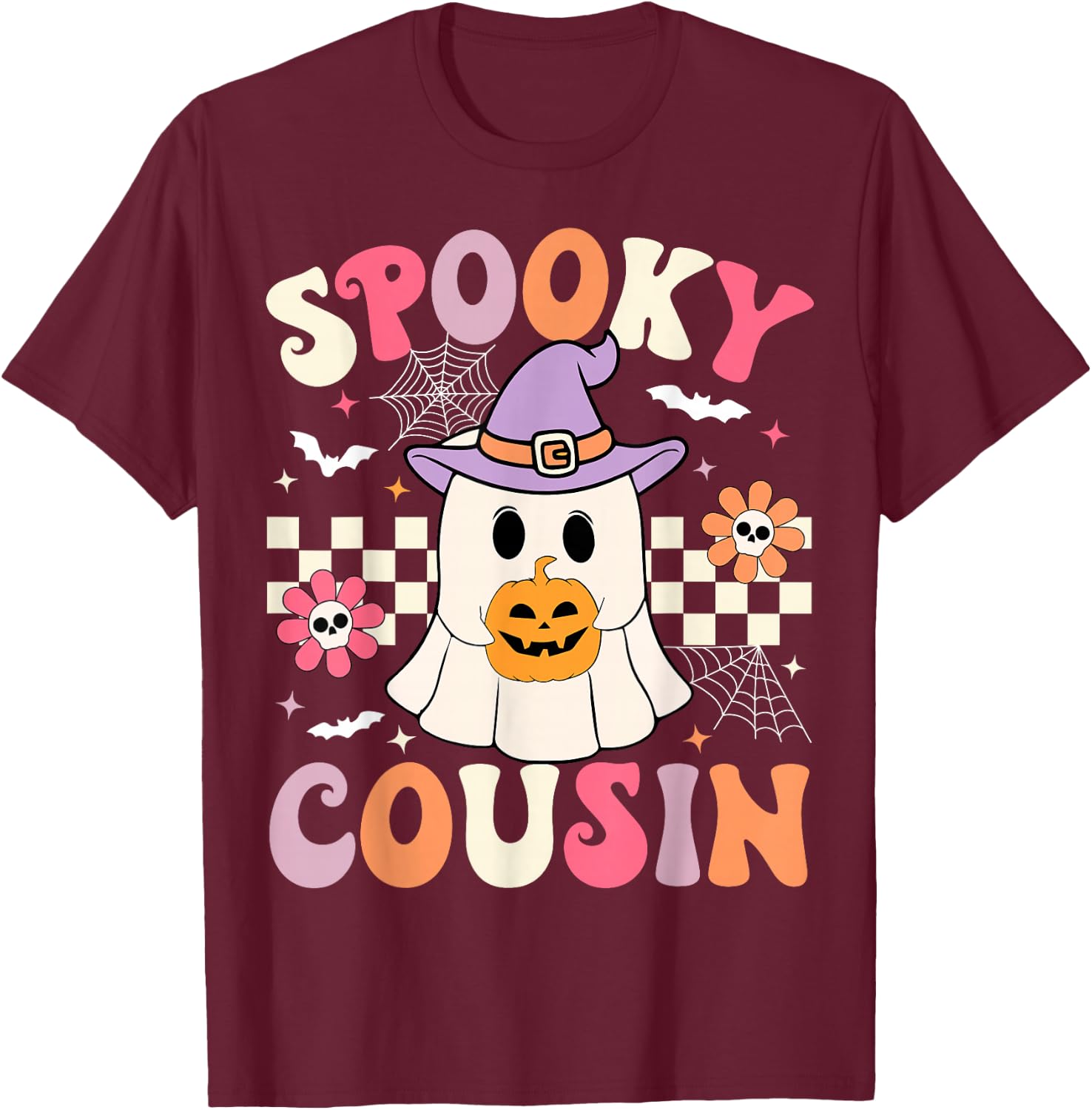Groovy Spooky Cousin Retro Ghost Holding Pumpkin Halloween T-Shirt - T-Shirt | Maroon