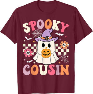 Groovy Spooky Cousin Retro Ghost Holding Pumpkin Halloween T-Shirt - T-Shirt | Maroon