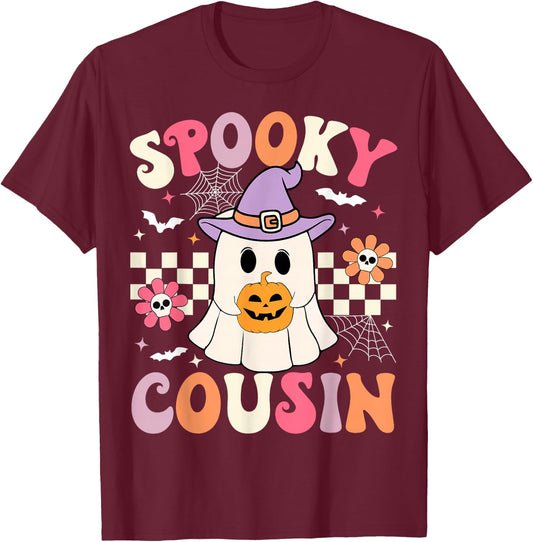 Groovy Spooky Cousin Retro Ghost Holding Pumpkin Halloween T-Shirt - T-Shirt | Maroon