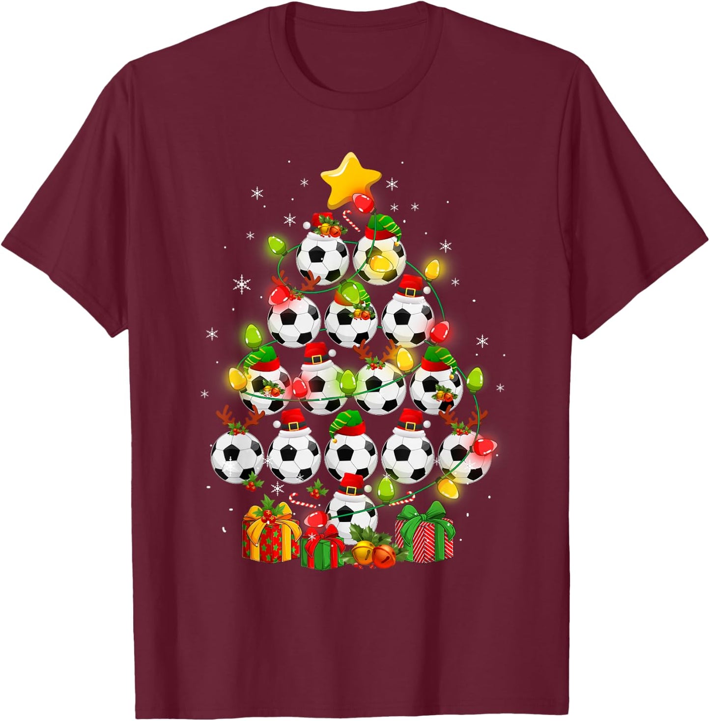Soccer Balls Santa Elf Hat Christmas Tree Lights Ornaments T-Shirt - T-Shirt | Maroon