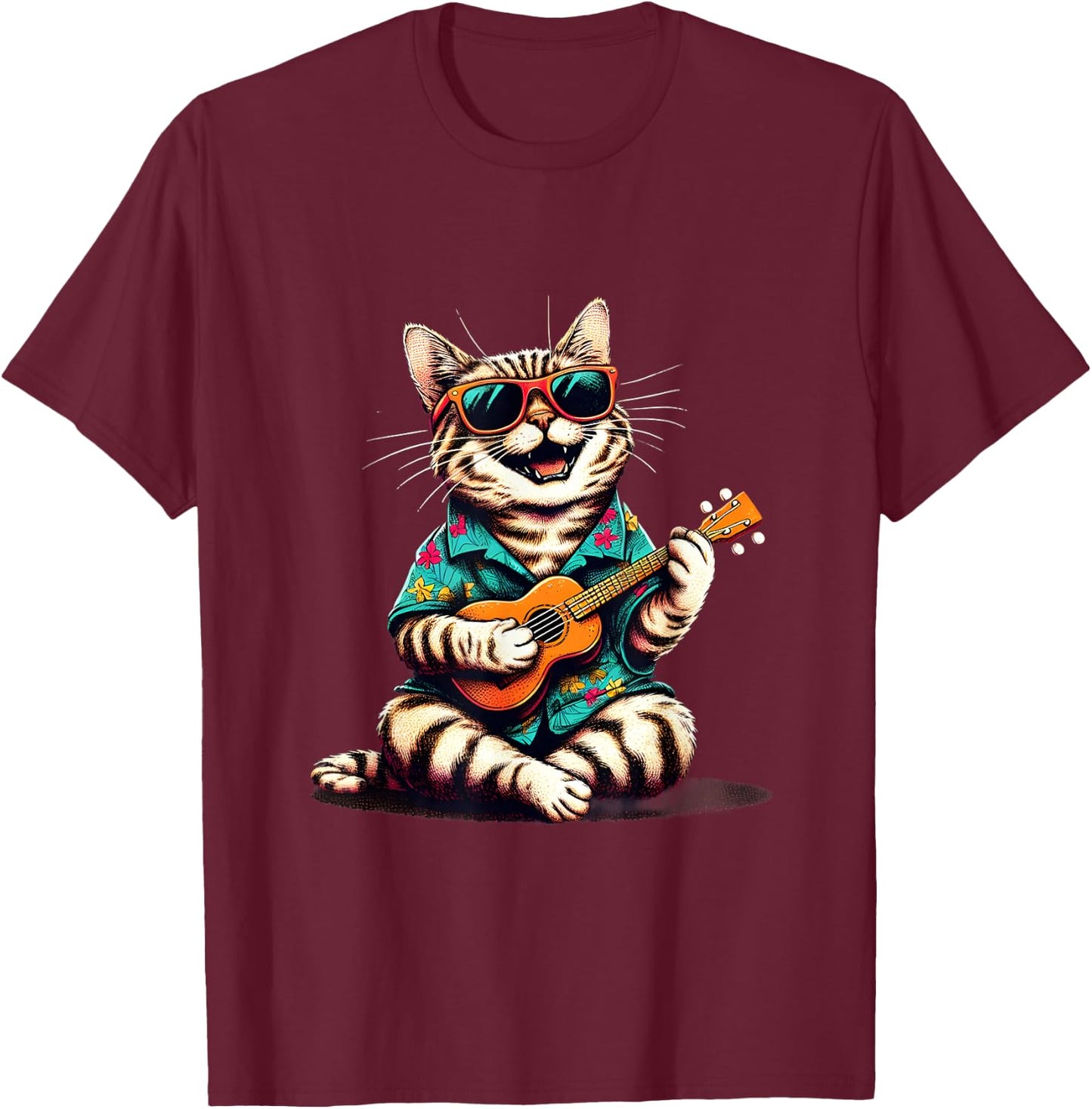 Cat Wearing a Hawaiian Shirt, Playing a Ukulele T-Shirt - T-Shirt | Maroon
