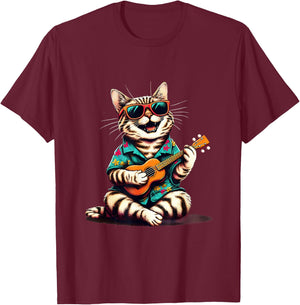 Cat Wearing a Hawaiian Shirt, Playing a Ukulele T-Shirt - T-Shirt | Maroon