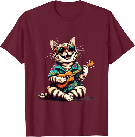 Cat Wearing a Hawaiian Shirt, Playing a Ukulele T-Shirt - T-Shirt | Maroon