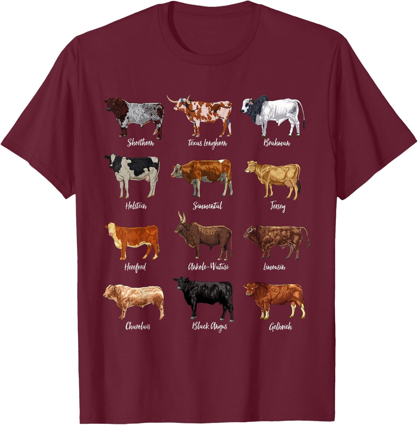 Cattle Drawings - Types of Cows T-Shirt - T-Shirt | Maroon