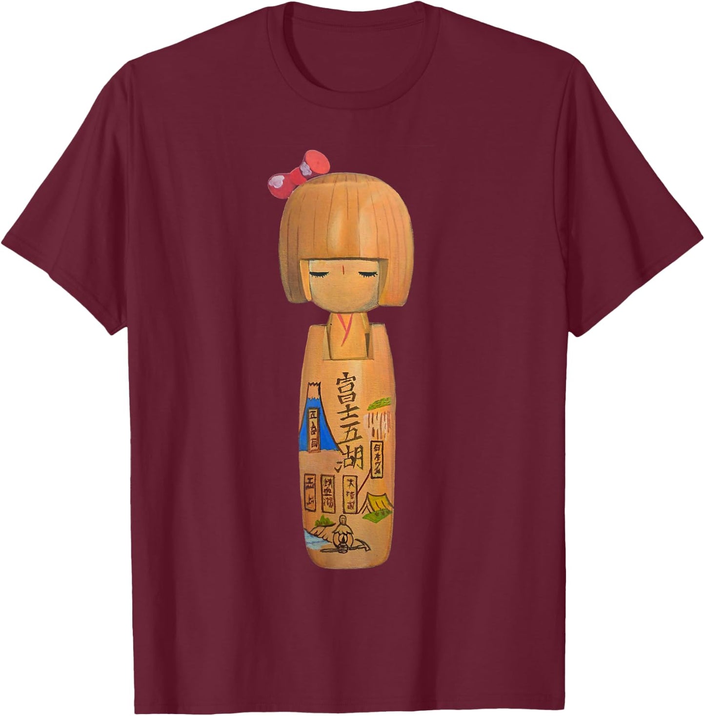 Japanese Kawaii Cute Kokeshi Doll T-Shirt - T-Shirt | Maroon
