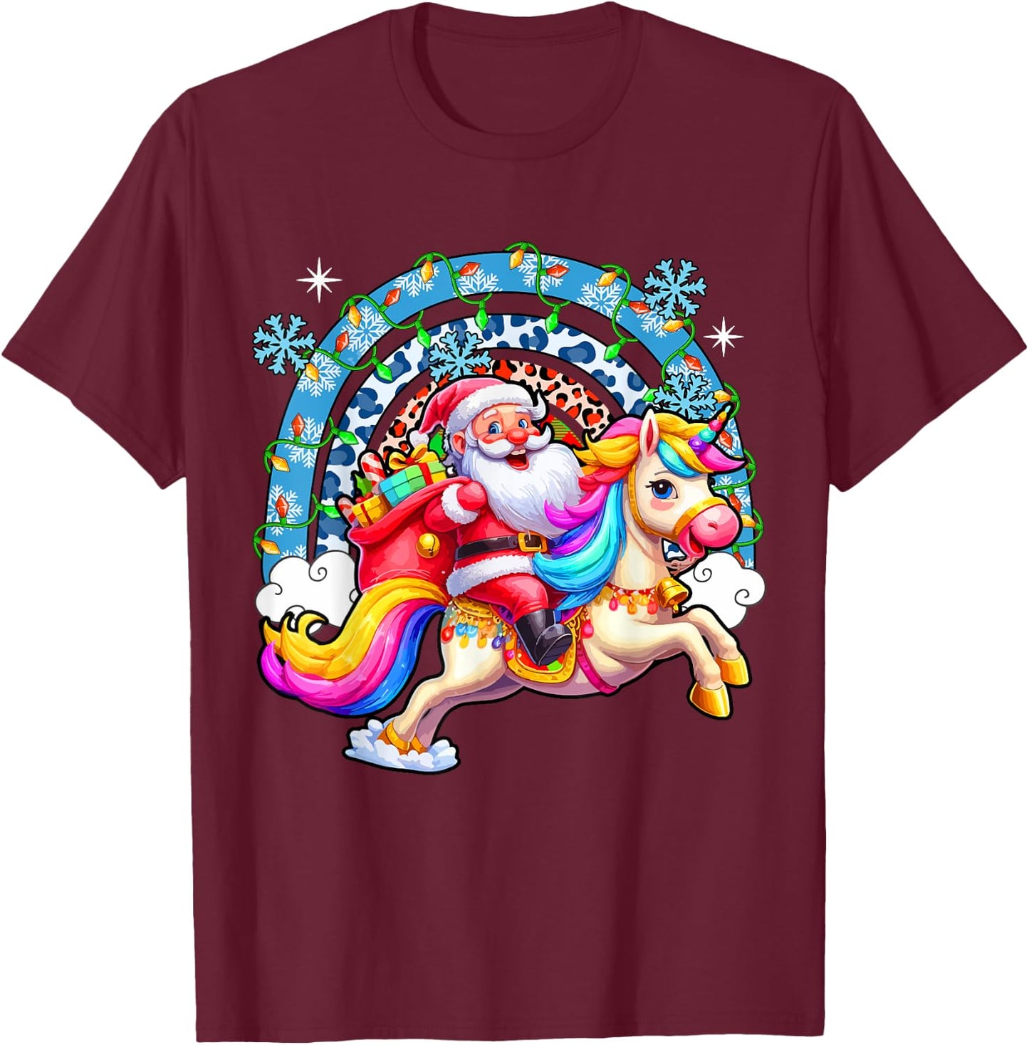 Santa Riding Colourful Unicorn Christmas Rainbow Xmas Lights T-Shirt - T-Shirt | Maroon