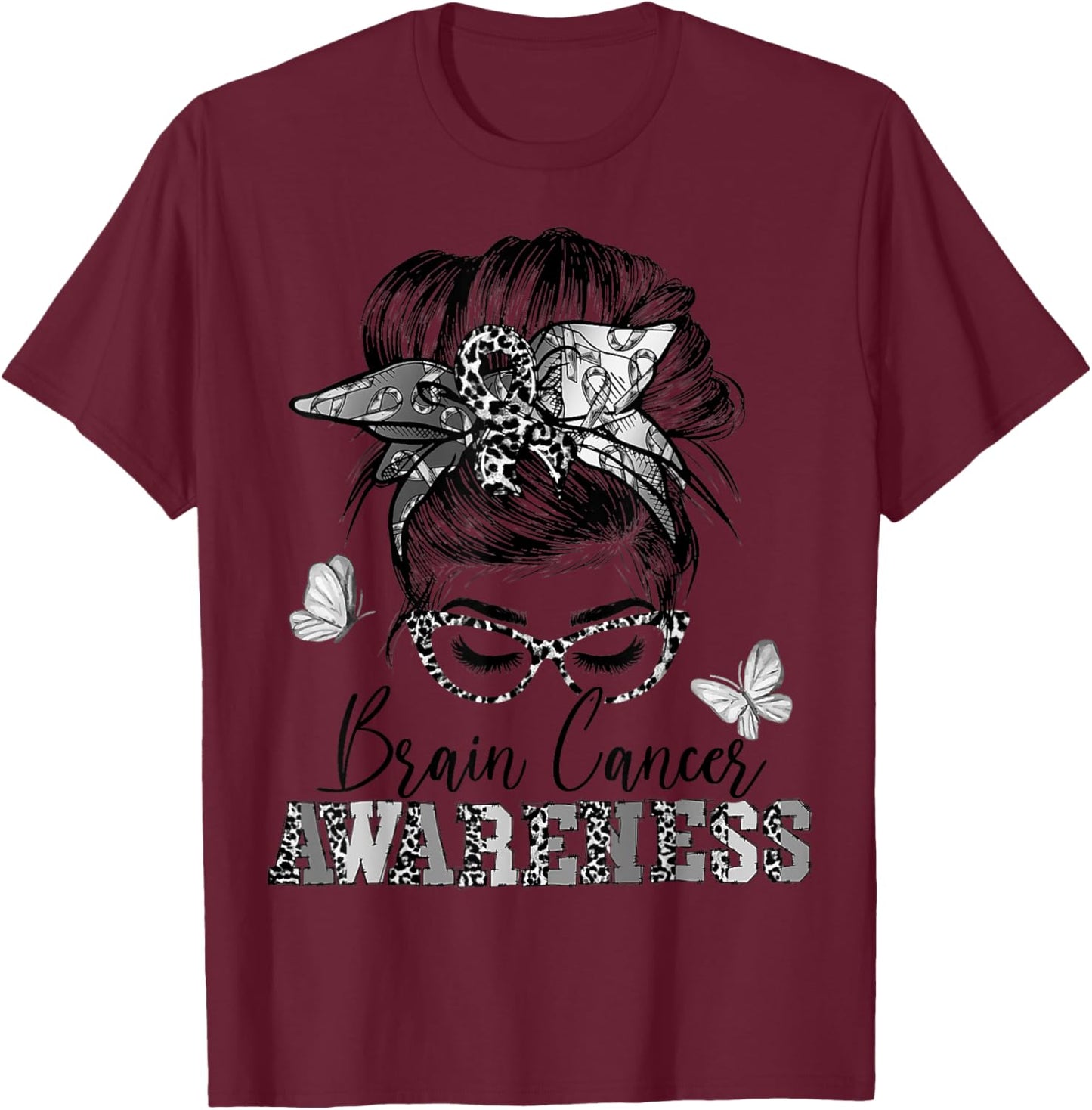 Messy Hair Bun Gray Ribbon Brain Cancer Awareness T-Shirt - T-Shirt | Maroon