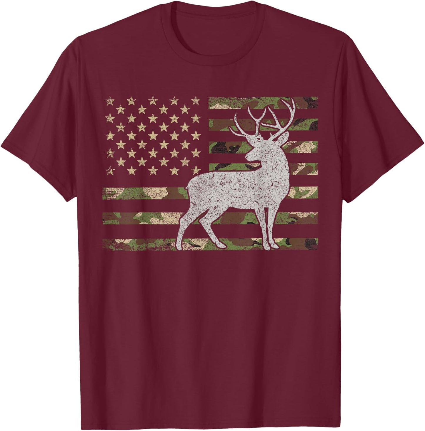 Whitetail Buck Deer Hunting American Camouflage USA Flag Women Kids Men T-Shirt - T-Shirt | Maroon