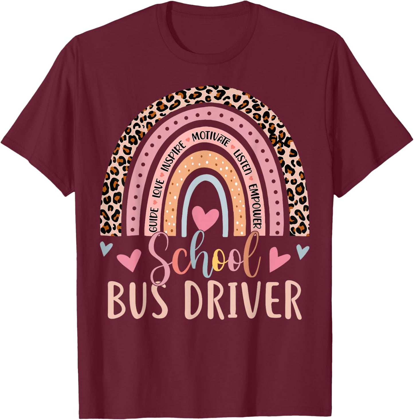 Funny School Bus Driver Rainbow Leopard Print Bus Driver T-Shirt - T-Shirt | Maroon