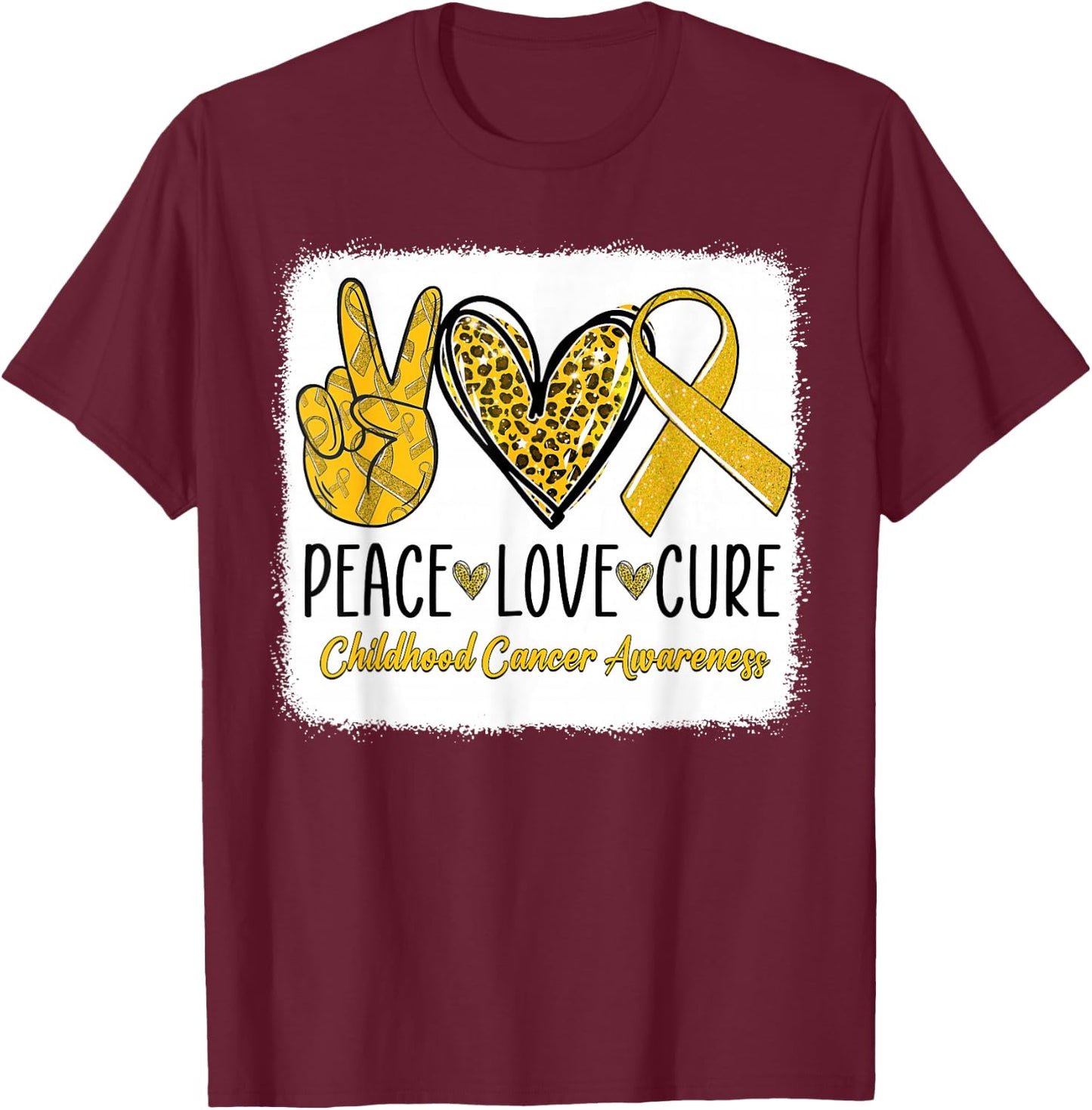 Peace Love Cure Childhood Cancer Awareness Gold Ribbon T-Shirt - T-Shirt | Maroon